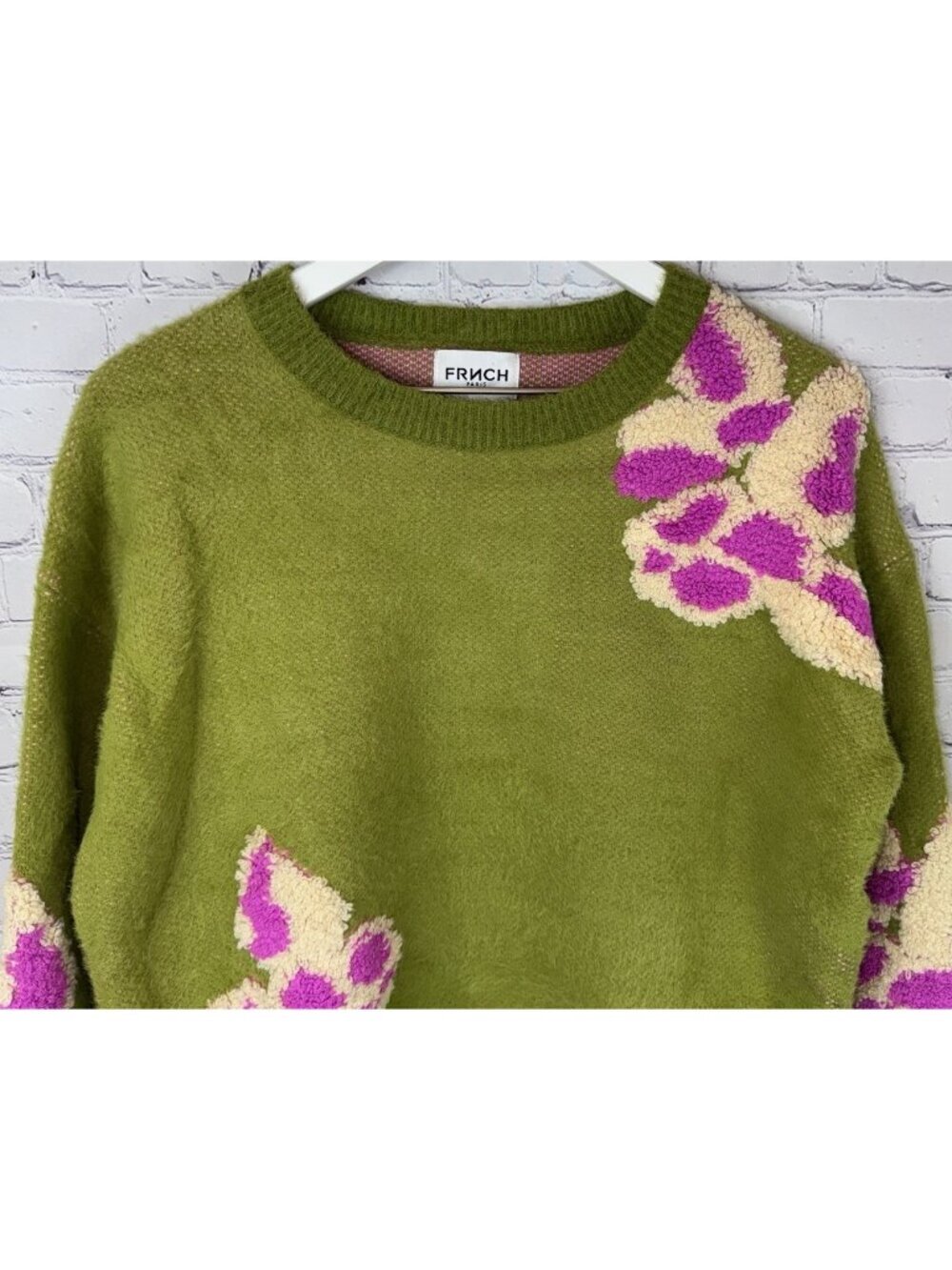 FRNCH Woman's Ulyssia Floral  Appliqué Sweater Green Pink Size Medium - Picture 2 of 7